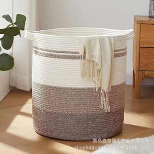 鑫益德棉绳收纳篮棉线编织筐杂物储物三拼色棉线带把手脏衣篮整理