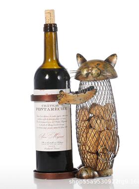 现货小猫红酒架钱罐收纳装饰工艺品家居摆件铁艺葡萄酒架创意