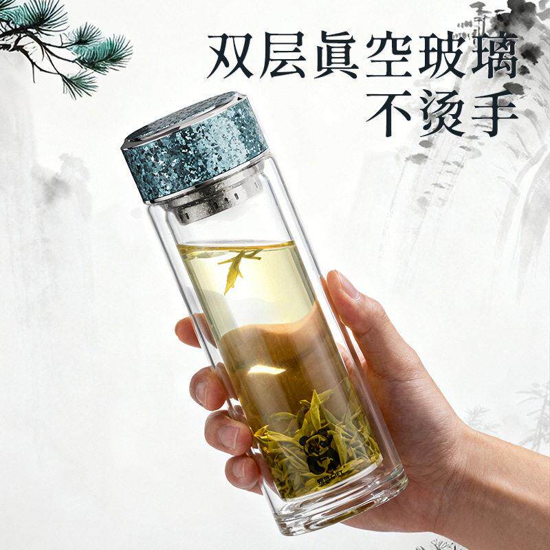 赐贤双层玻璃杯硼硅带盖士水杯茶水分离耐温杯子盖子网纯钛
