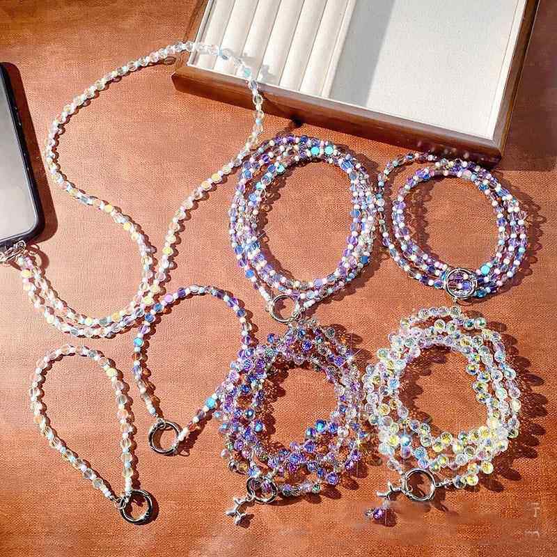 水晶手机挂绳长短款斜跨挂链女挂脖手工串珠圆珠挂件包包配件