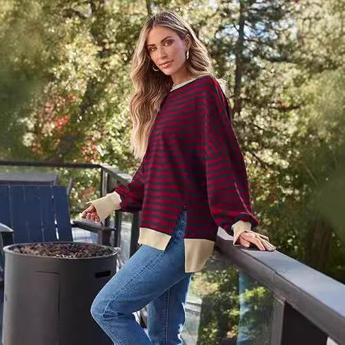 Striped long sleeved top with split design for home