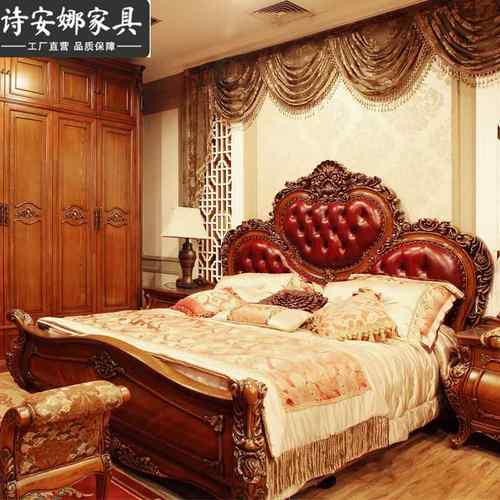 欧式床轻奢皮床美式双人床15米1.8米别墅主卧大木床一FMS.实雕花