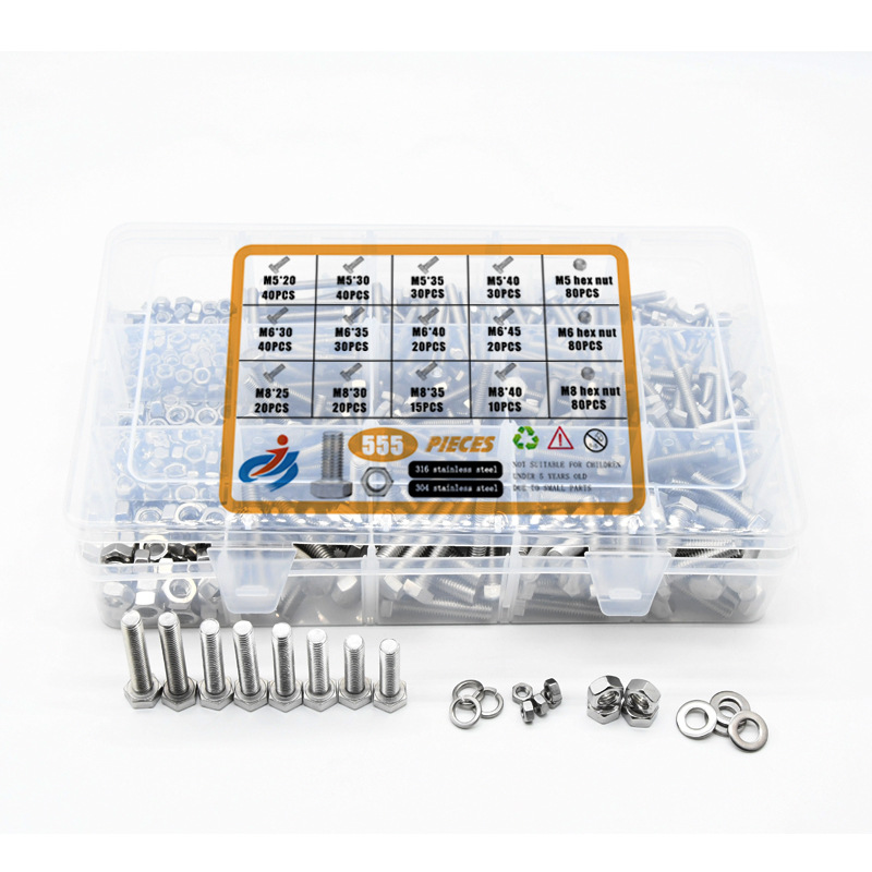 锈55pcs 304不钢外六角螺RNE钉5组合盒装搭配螺母组套装M5合M6M8