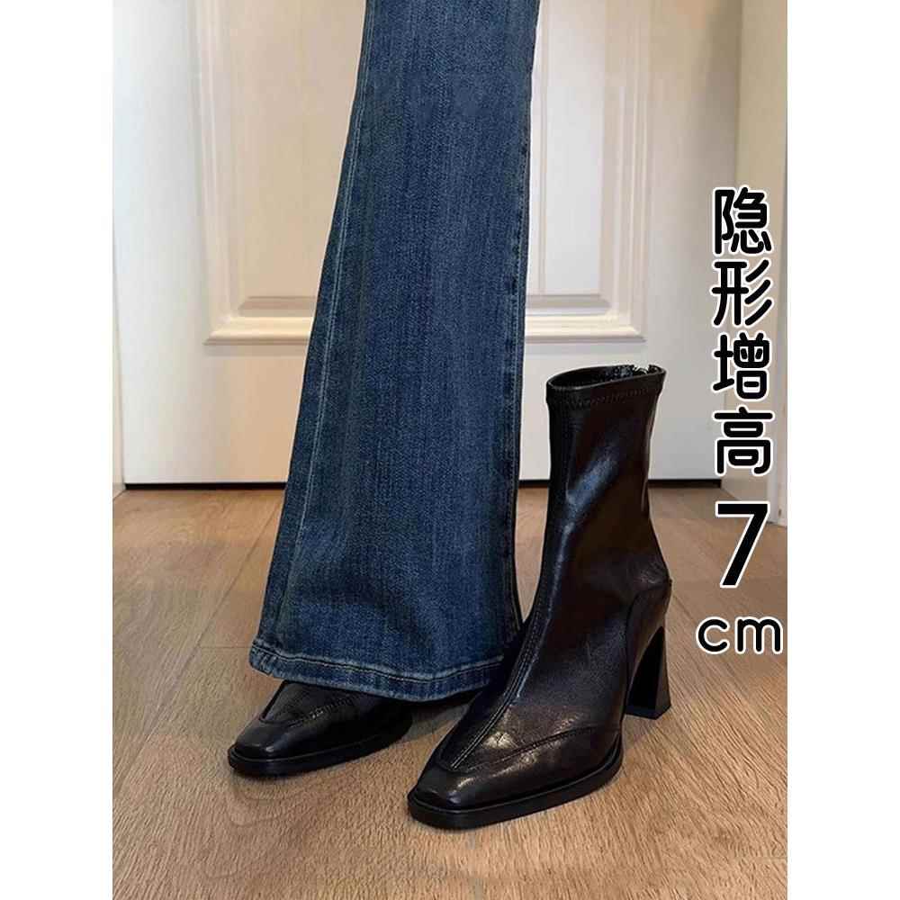 香港真皮高跟短靴女2025秋冬新款爆款方头马丁靴黑色粗跟瘦瘦靴子