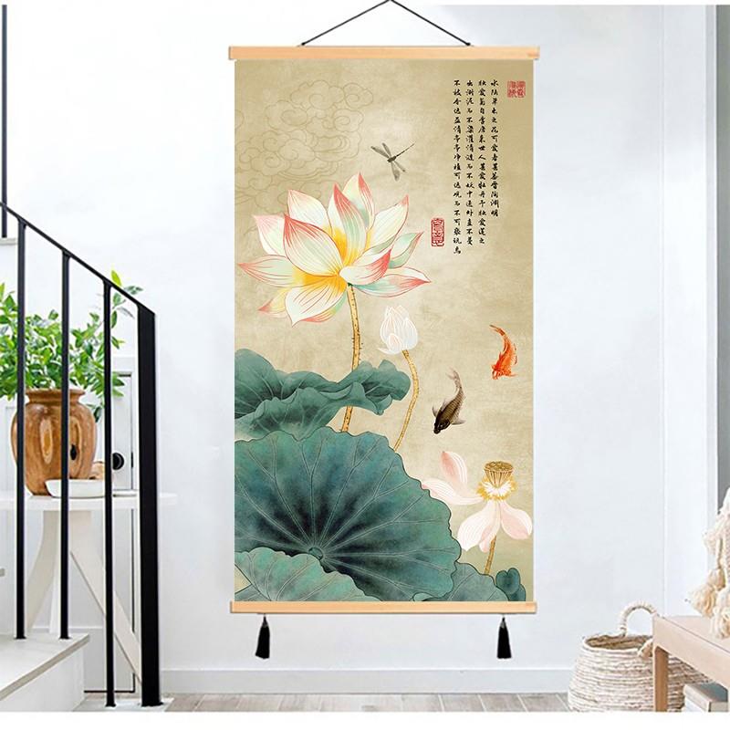 2022款九鱼图荷花入户玄关装饰画新中式走廊过道客厅墙画布艺挂画图片
