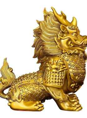 黄铜麒麟摆件瑞兽直头麒麟将军铠甲麒麟家居玄关店铺桌面装饰用品