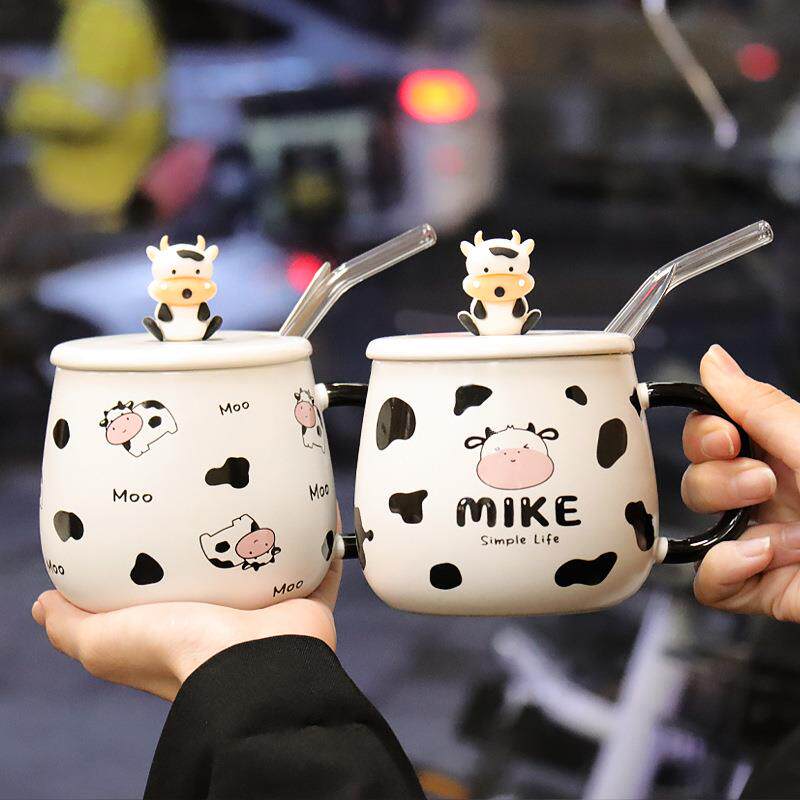 可爱带盖勺牛奶杯高颜值马克杯学生情侣杯创意奶牛陶瓷杯咖啡水杯