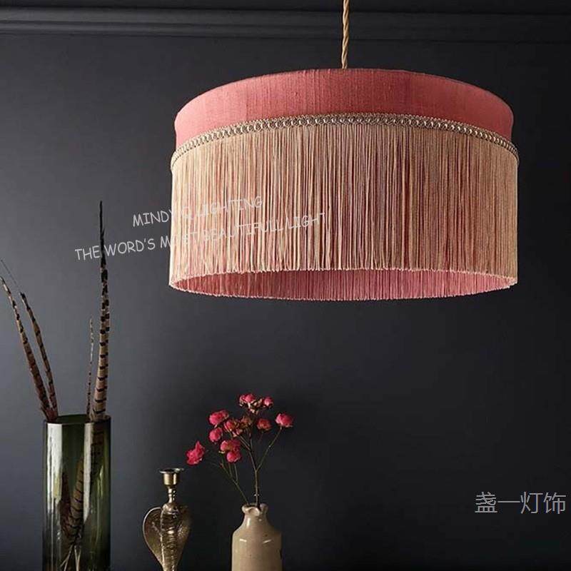 波西米亚流苏布艺编织吊灯田园丝线粉色儿童房样板卧室客厅灯