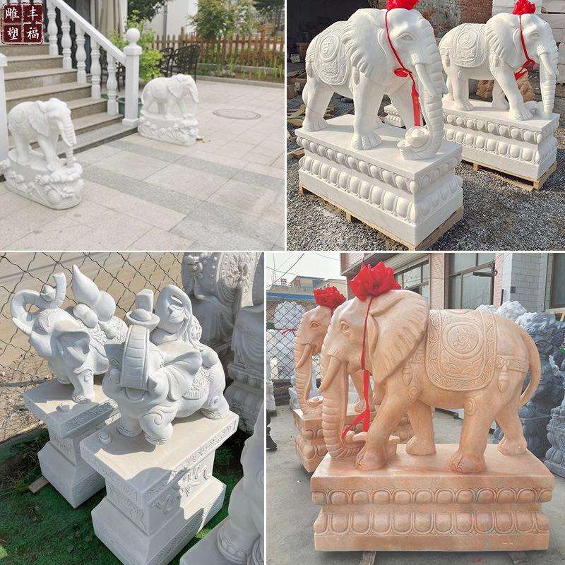 曲阳汉白玉大象雕塑一对大理石动物开业家居小象门口工艺品摆件