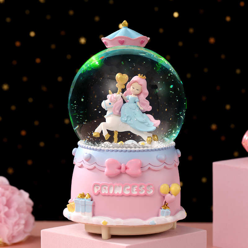 公主礼品水晶球音乐盒木马创意礼物摆件女孩发光装饰八音盒独角兽