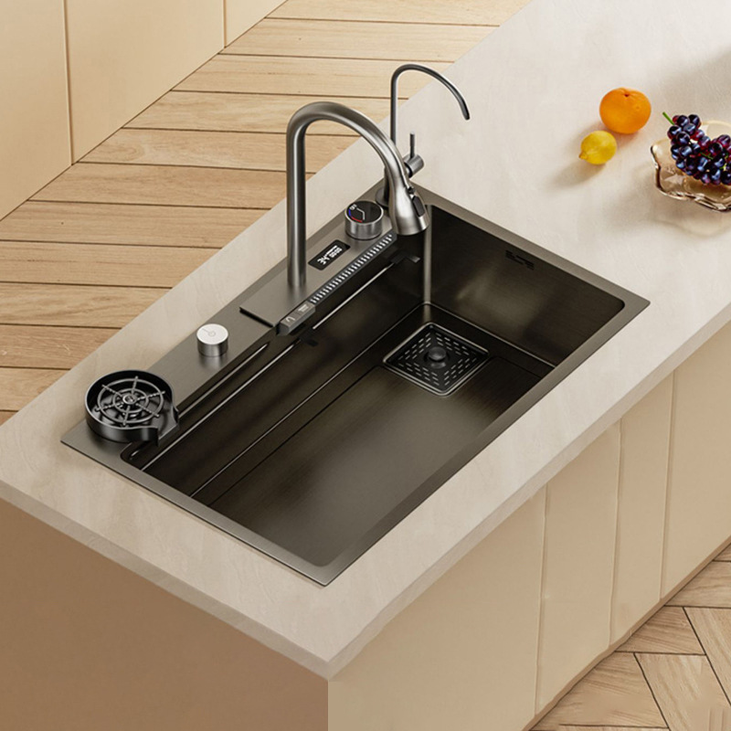 鲨鱼数显飞雨瀑布出水不锈钢水槽厨房洗菜盆枪灰手工单槽洗碗池