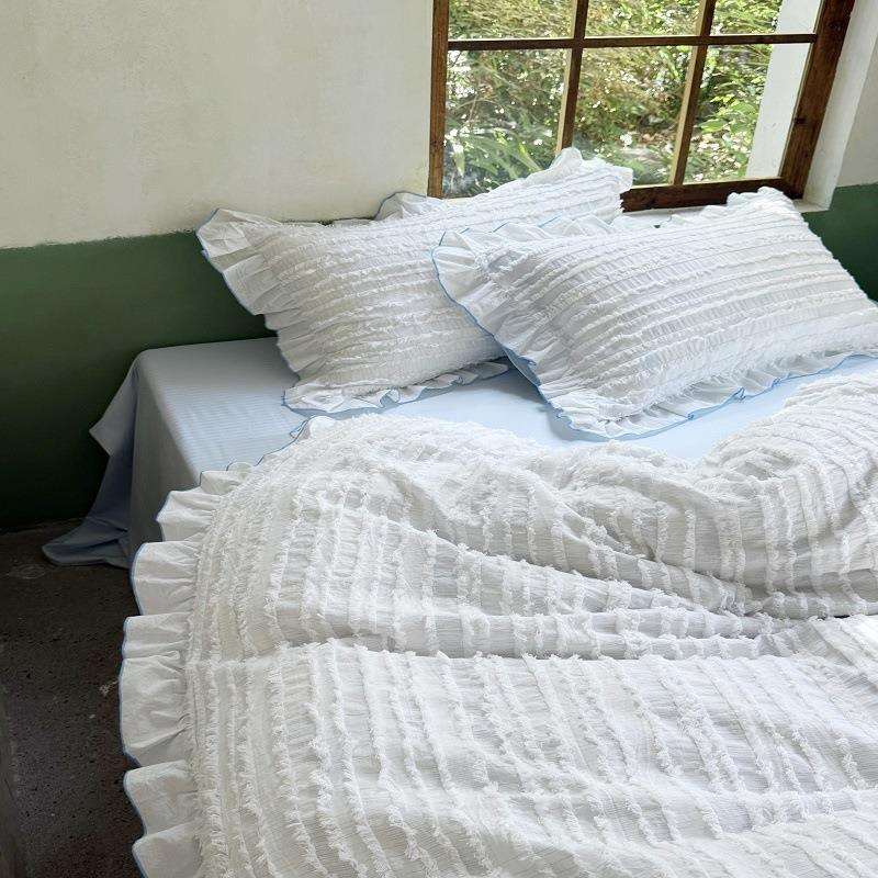 韩式色织段染剪花纯棉花边四件套精致唯美少女心床上用品被套床单