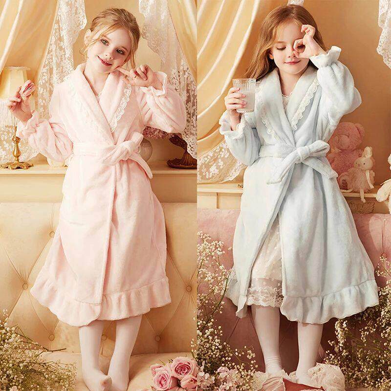 Vintage Toddler Girls Lace Flannel Bathrobe Children
