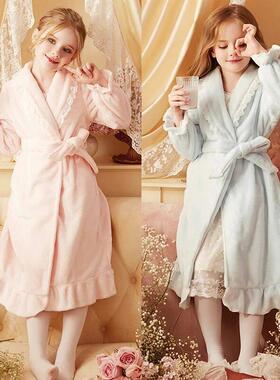 Vintage Toddler Girls Lace Flannel Bathrobe Children