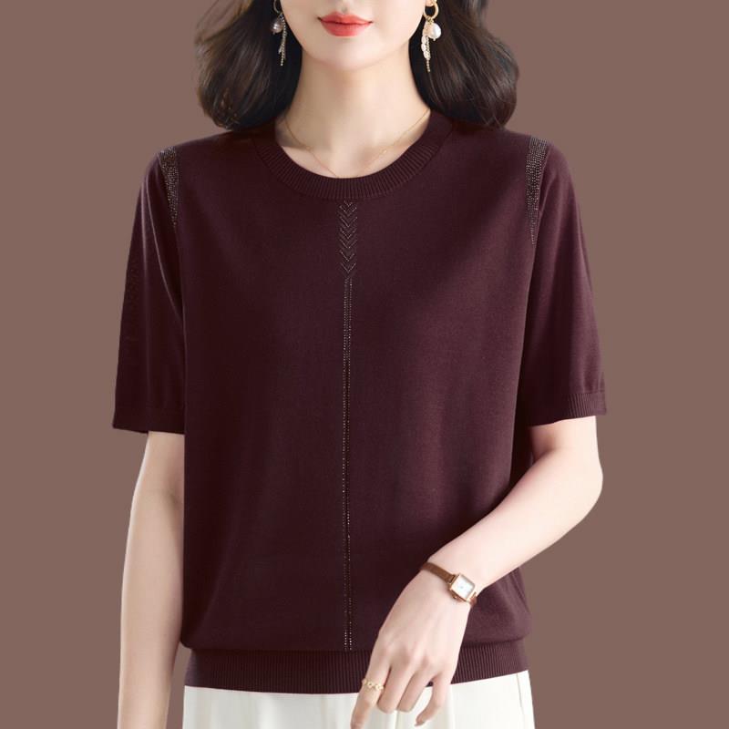 夏季桑蚕丝T恤女圆领宽松时尚短袖薄款针织冰丝中年洋气舒适遮肚
