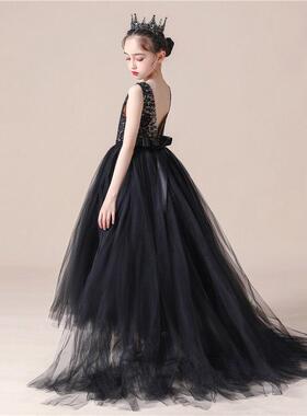 儿童婚纱裙拖尾晚礼服女童公主裙蓬蓬纱黑色模特走秀钢琴表演服夏
