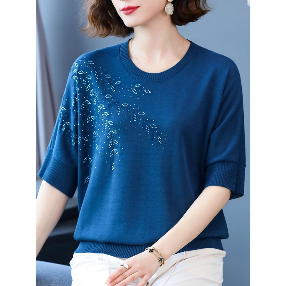 中年妈妈五分袖上衣加肥200斤大码女装高贵遮肚蝙蝠衫薄款真丝T恤