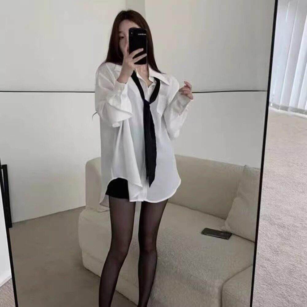 直播衣服女主播服装上镜辣妹纯欲风领带上衣宽松轻熟御姐白色衬衫