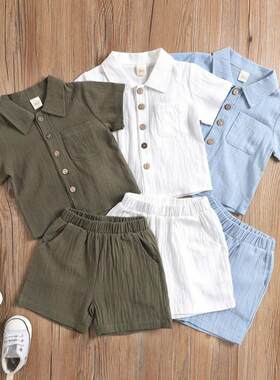 男童棉麻套装幼童夏季休闲 风衣服宝宝短袖翻领Polo衬衫纯色两件