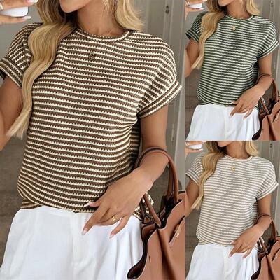 Women's Striped Waffle Knit T-Shirt Womenswear Crew Neck