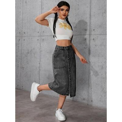W 32163 High Waist Stretch Denim Bodycon Midi Skirt 腰弹力