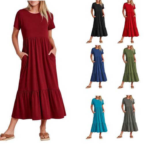 Women'S Summer Casual Short Sleeve Crewneck Swing Dress
