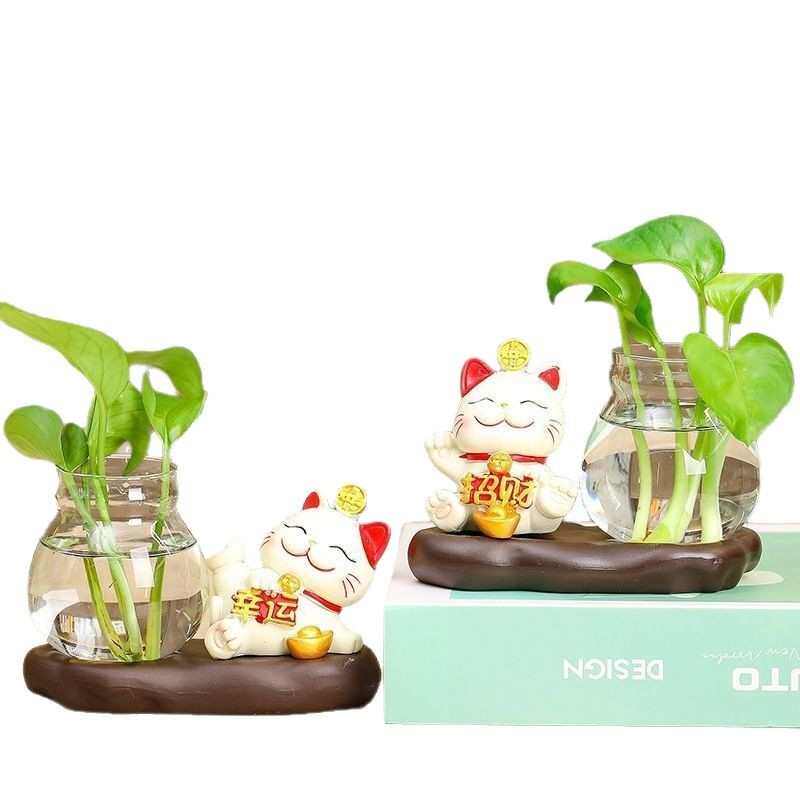 迎赏卡通招财猫家居饰品摆件茶桌水培植物玻璃花瓶水养器皿插花小