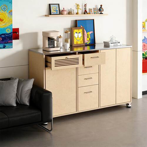 现代简约不锈钢餐柜桦木海洋板置物斗柜客厅大容量多功能茶水柜