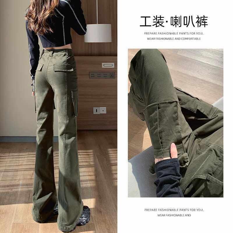 军绿色美式复古工装裤女夏季2026新款高腰显瘦休闲阔腿微喇叭裤子