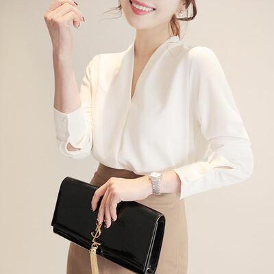 正品2025春装款长袖白衬衫女v领套头工作装服打底工身上衣雪新纺