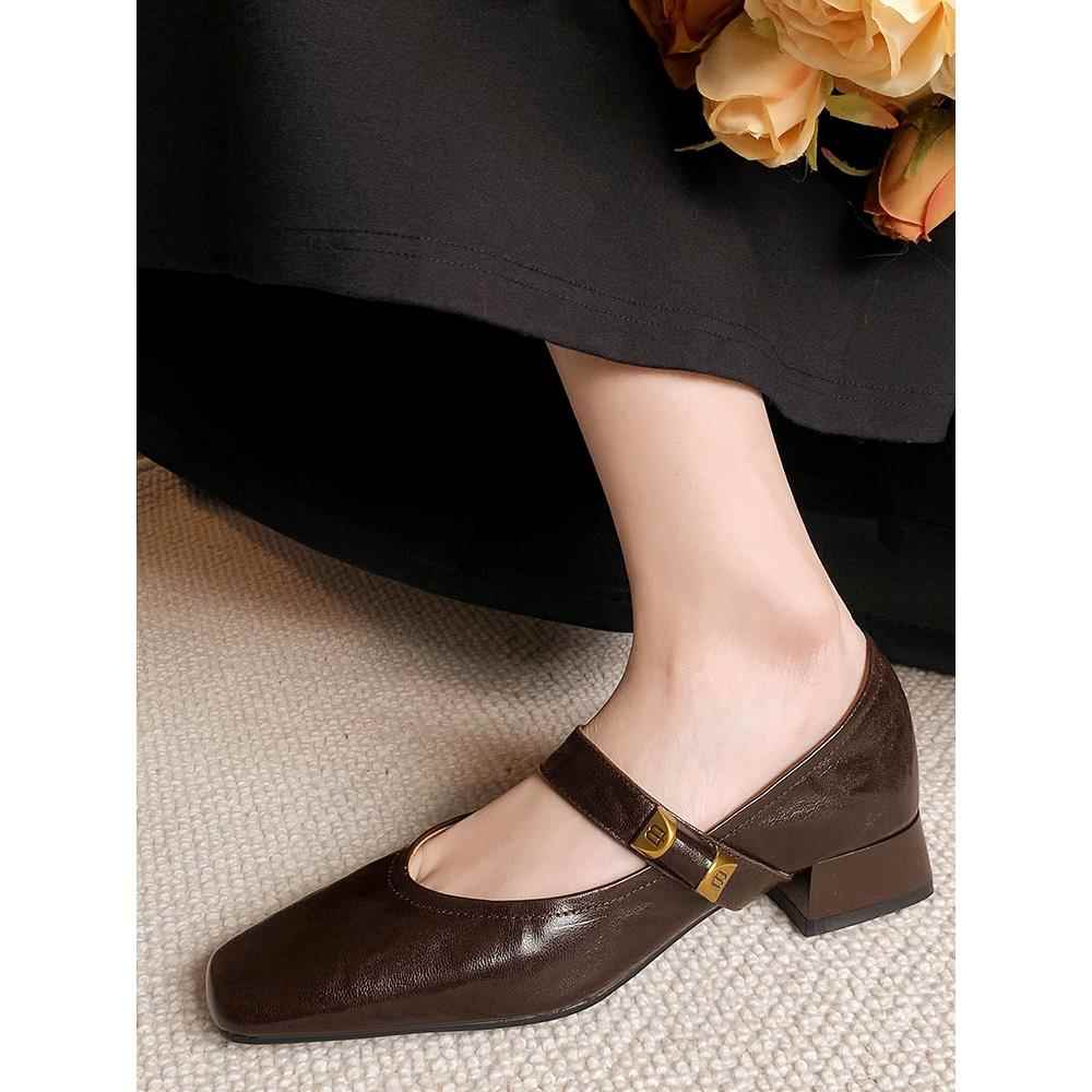 法式覆古方头玛丽珍小皮鞋2025早春新款羊皮一字带粗跟单鞋女中跟