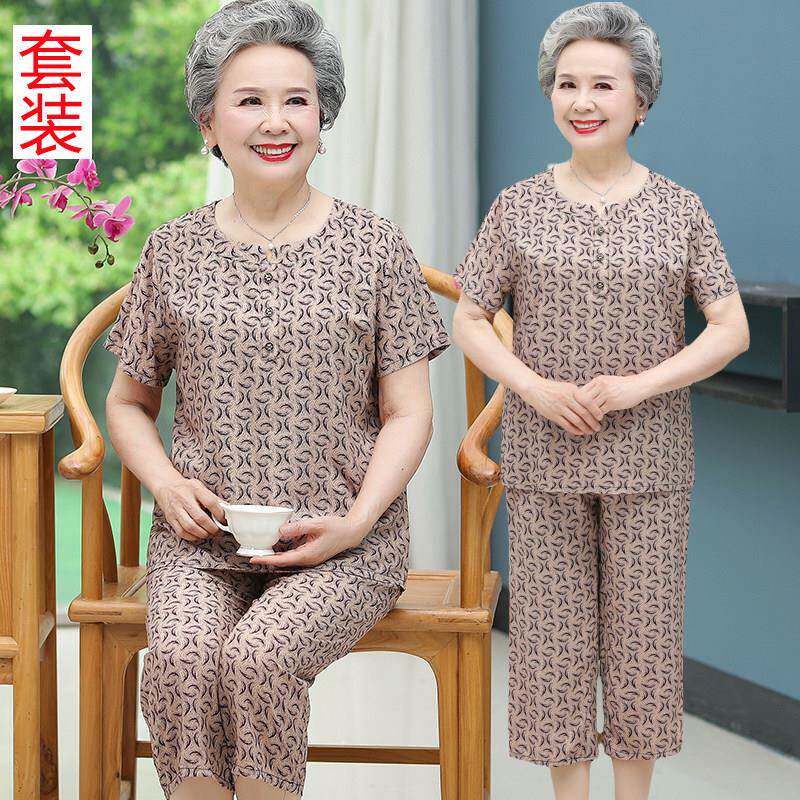 老年人纯棉绸夏装女60-70岁妈妈太太短袖T恤居家衣服80奶奶装套装
