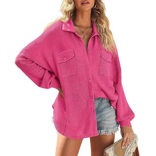 Womens Waffle Knit Button-Up Oversized Shirt Jacket Loose