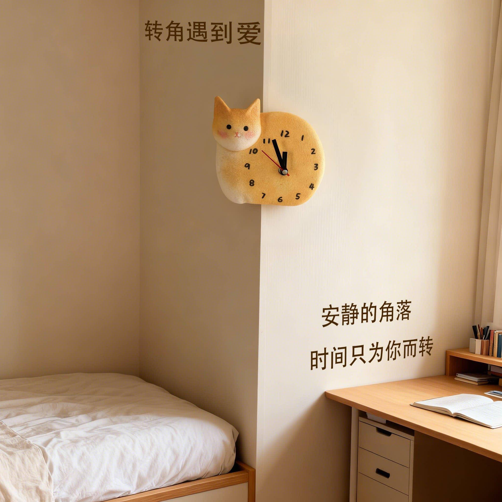 奶油风高级感静音可爱3D小猫转角时钟墙角钟拐角钟创意转角挂钟表图片