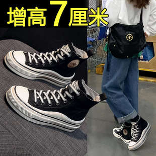 帆布鞋女高帮内增高夏款透气百搭2022新款小众厚底ins板鞋小白鞋