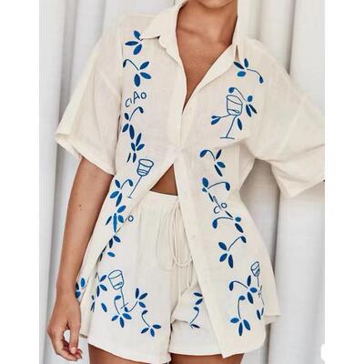 Printed shirt set, short sleeved, long pants, two pairs