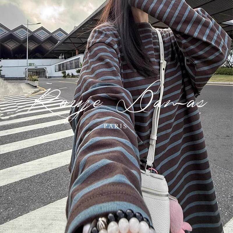 Rouje Damas 复古纯棉条纹打底衫女小个子宽松长袖t恤慵懒风上衣