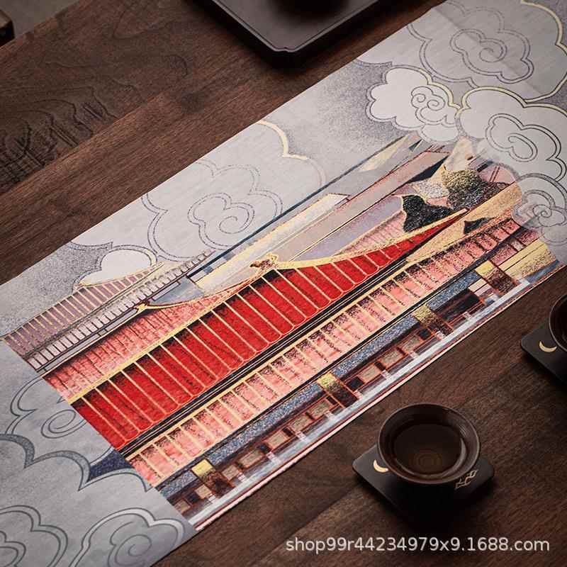 国潮风茶丝绒茶席具配件布茶SUQ台桌茶中式茶旗桌垫茶垫布国潮绒