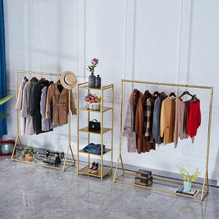 简约金色服装架 女装店服装展示架落地式铁艺侧挂陈列包架衣帽架
