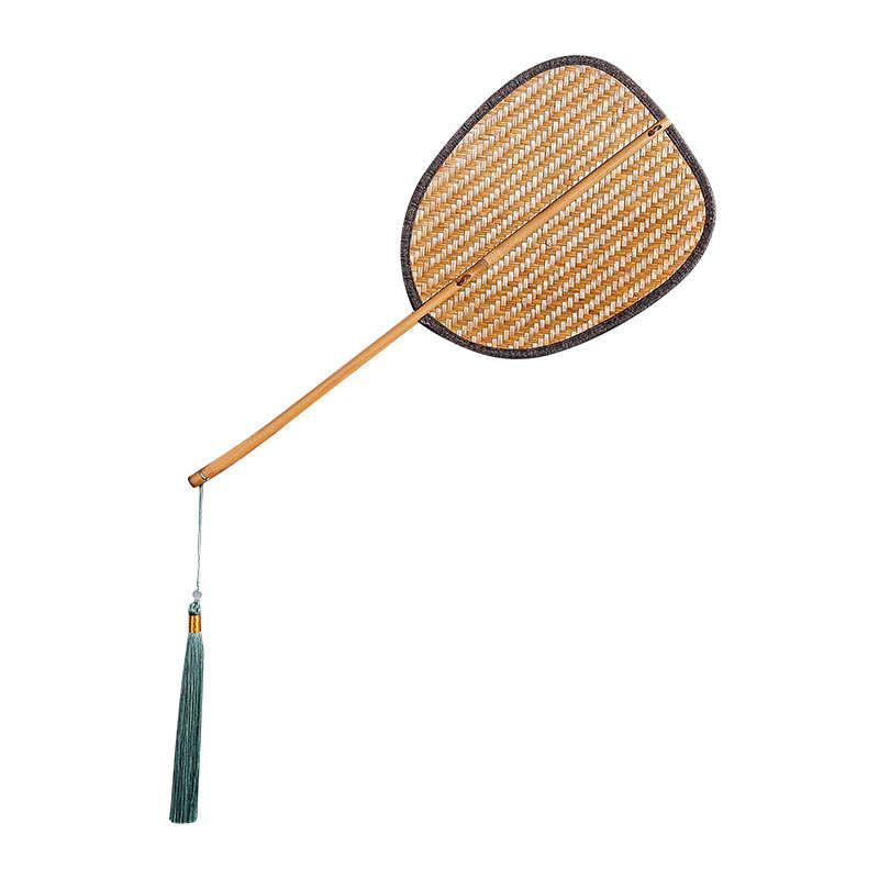 新手工复古竹编流苏缎面印花紫竹把手海棠扇创意如意折边扇围炉扇