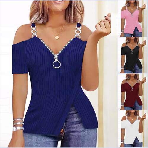 Women's Pit Bar Collar Zipper Strap Short Sleeve