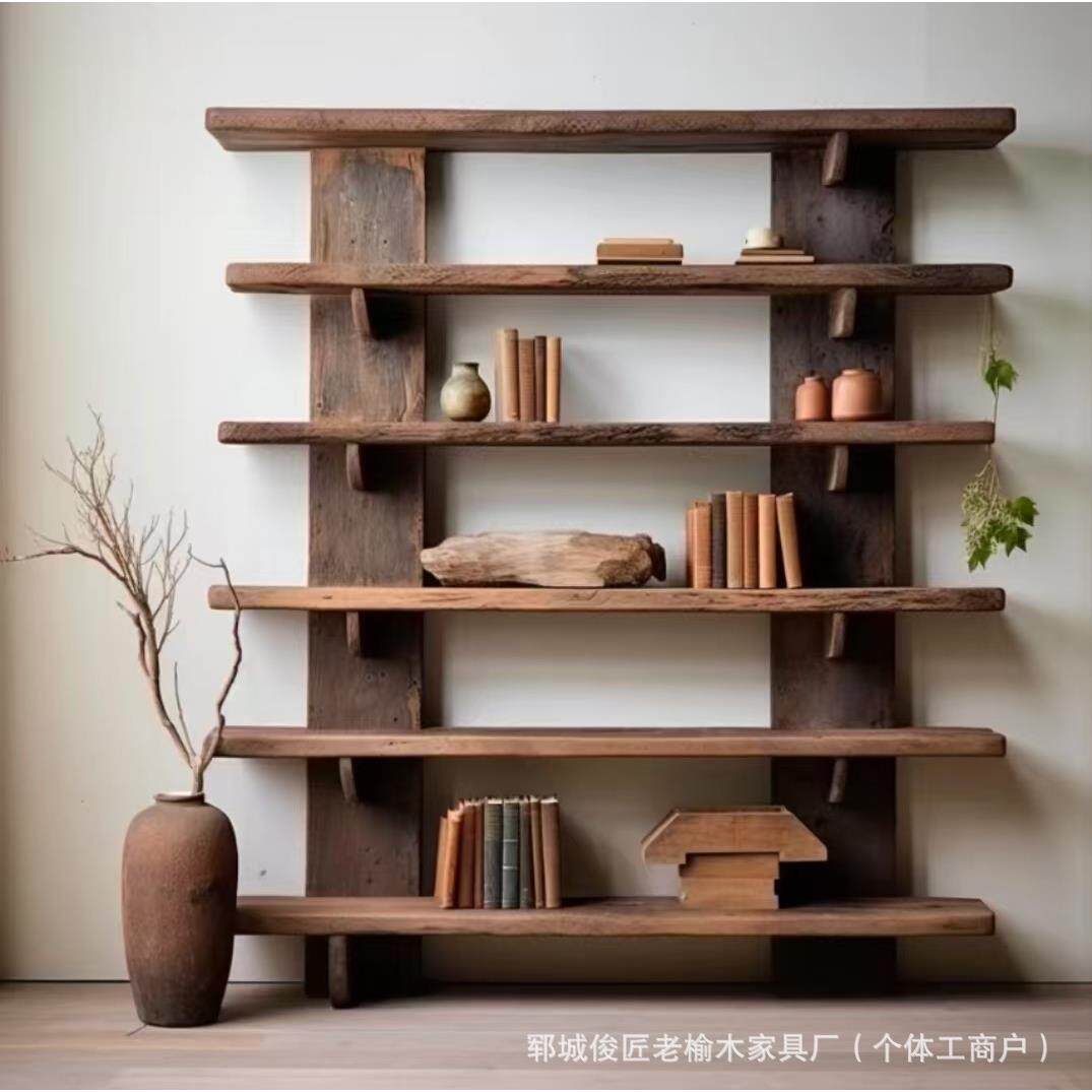 复古实木博古架小型多层茶具展示架落地式老榆木茶壶瓷器摆件装饰
