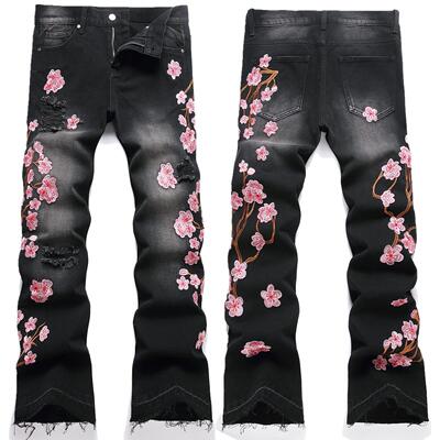 Men's Casual Washed Floral Embroidered Jeans Slim Fit Bell