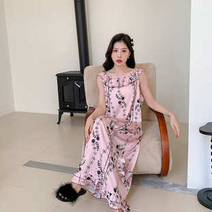 女无袖 夏季 宽松碎花睡裙甜美性感纯欲风可外穿冰丝长裙家居服睡衣