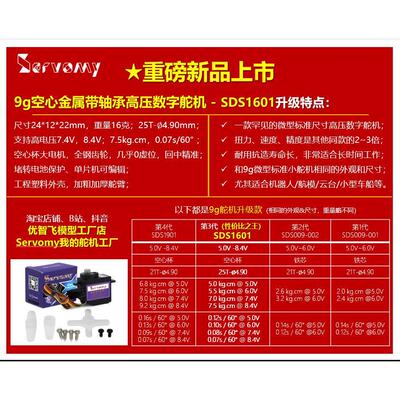 Servomy SDS1601 9g舵机金属带轴承8.4V高压空心数字伺服电机SG90