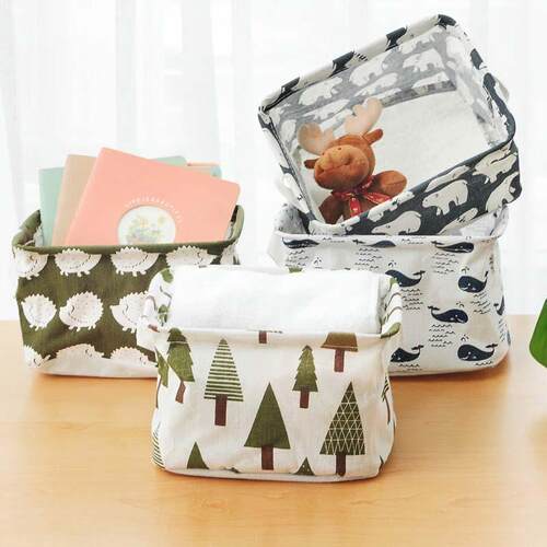 Cartoon Fresh Cotton Linen Desktop Storage Basket with Handl