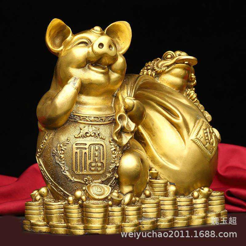 纯铜招财福袋猪十二生肖金猪摆件猪拉财钱袋猪金属工艺品铜器