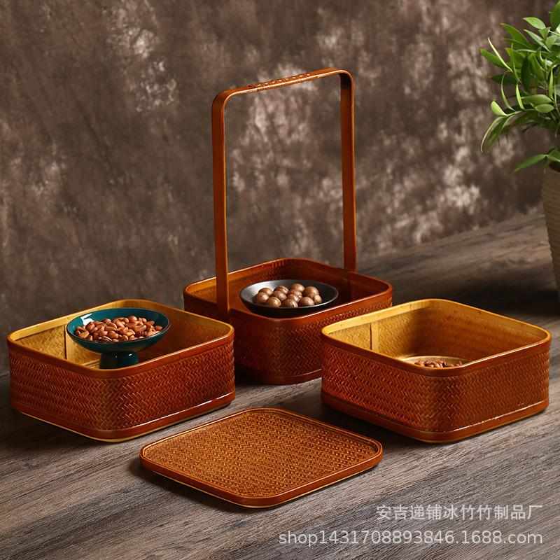 竹编食盒收纳盒茶具提篮带盖篮子月饼篮复古多层提盒礼盒仿古点心