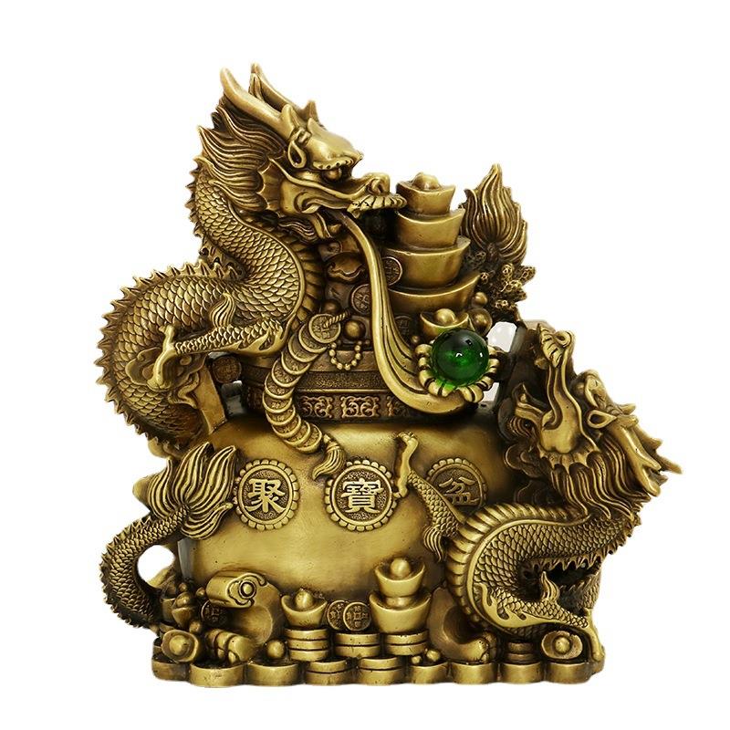 纯铜龙摆件聚宝盆龙聚财双龙戏珠聚宝盆十二生肖龙家居玄关摆饰