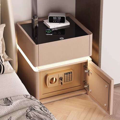 智能实木床头柜保险箱一体2026新款家用卧室轻奢高级感小型保险柜